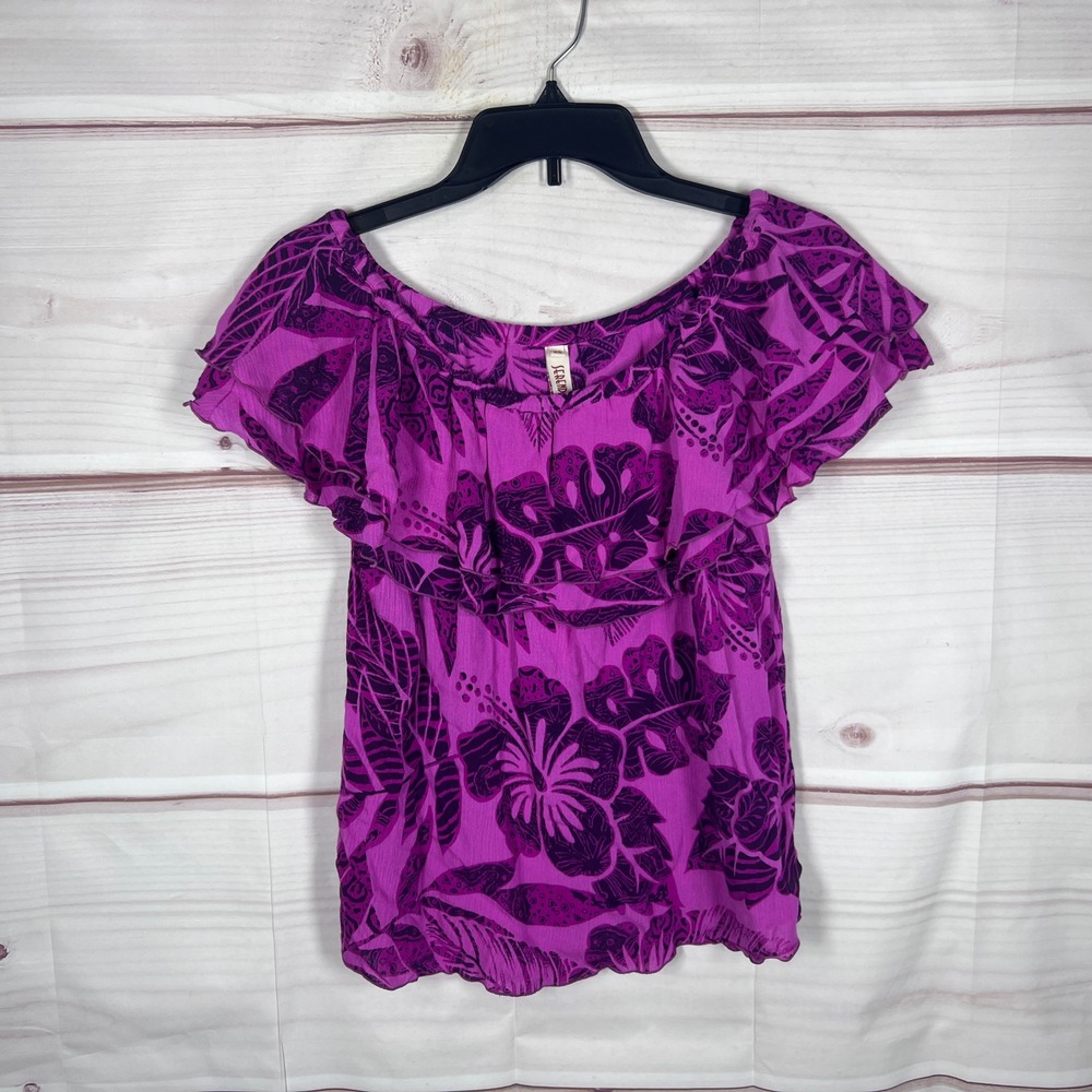 Serendipity Maui Blouse Women XS Purple Floral Off Shoulder Ruffle Rayon Top